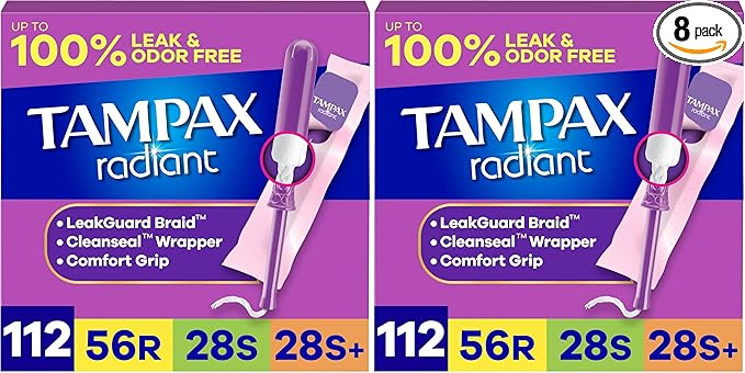 Tampax Radiant Tampons for Women Multipack,with LeakGuard Braid,Regular/Super/Super Plus Absorbency,Unscented,112 Count (Pack of 2)