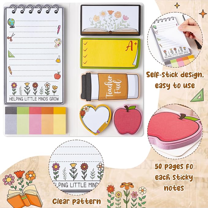 Xqumoi 2 Pack Retro Wildflowers Teachers Sticky Notes Set - Teacher Plant Seeds Self-Stick Note Pads Appreciation Notepads Writing Memo Pad Page Marker Back to School Office Supplies Thank You Gift