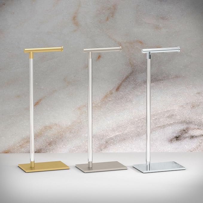 Gatco 1331B Toilet Paper Holder Stand, Brushed Brass with Acrylic Post, Rectangle Weighted Base, Freestanding Bathroom Floor Stand, 22.25 Inch