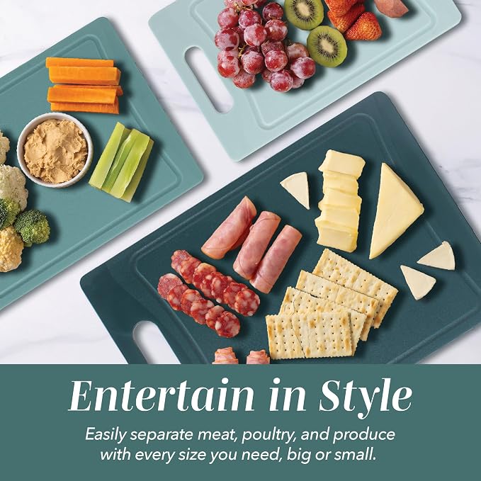 COOK WITH COLOR Non-Slip Cutting Board Set – Kitchen Essentials with Easy Grip Handle for Meat, Veggies, and Fruits, 3 Cutting Boards, Teal