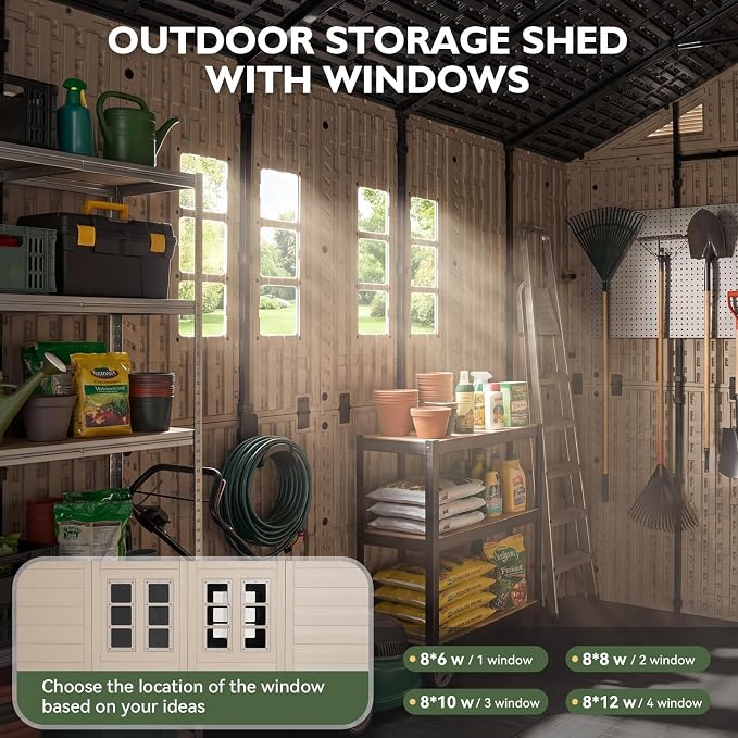 Aoxun 8x10 Ft Outdoor Storage Shed with Floor, Large Resin Outdoor Shed with Lockable Door & Windows, Garden HDPE Sheds for Lawn Tools, Pool Supplies & Bikes