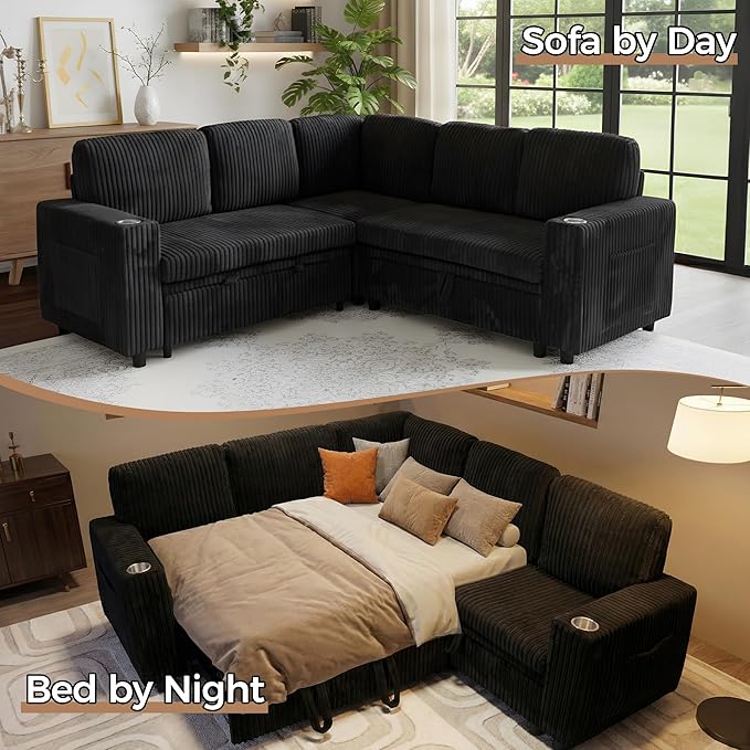 L-Shaped Sectional Sleeper Sofa with Pull Out Bed, Black | Plush Corduroy Modular Couch with Storage, USB Charging, Cup Holders – Cozy Cloud Couches for Living Room, Easy Assembly