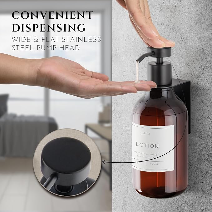 Shower Shampoo Dispenser Wall Mounted – Refillable 16.9 oz Amber Bottle with Stainless Steel Pump & No-Drill Adhesive Holder – Soap Dispenser for Bathroom (1 X Amber/Black)