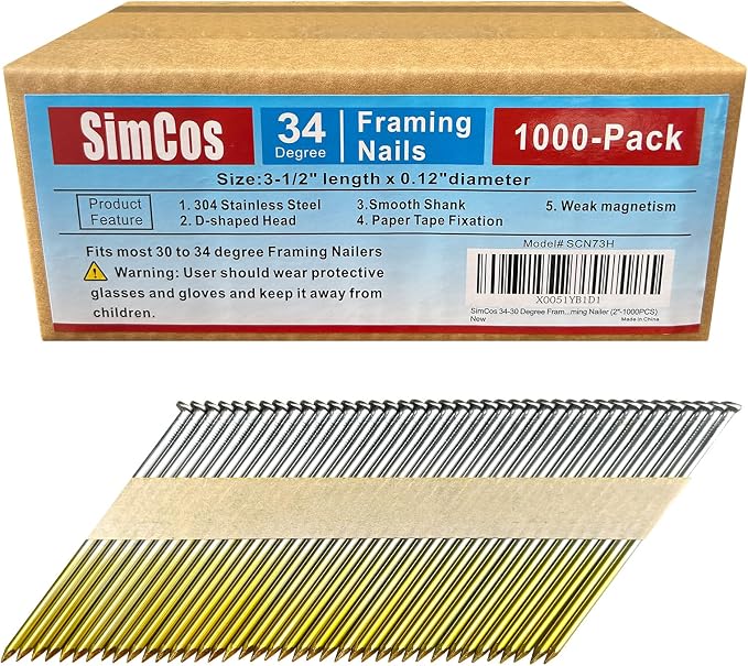 34-30 Degree 3-1/2 Inch Smooth Shank Paper Framing Nails,1000-Pack | 304 Stainless Steel D Head Tape Strip Nails for 30 to 34 degree Framing Nailer,fits indoor and outdoor building projects