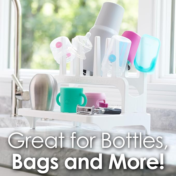 PopYum White Space Saving Drying Rack from 100% Recycled Bottles | Space Saving, Made from 100% Recycled Bottles, Countertop for Baby Bottles, For Plastic Bags, Cups, Glass, Tumblers, Compact