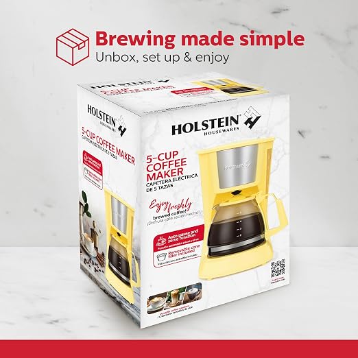 Holstein Housewares 5 Cup Drip Coffee Maker – Compact and User-Friendly with Auto Pause & Serve, Reusable Filter, Measuring Spoon & Glass Carafe, Office & Dorm Use, Yellow