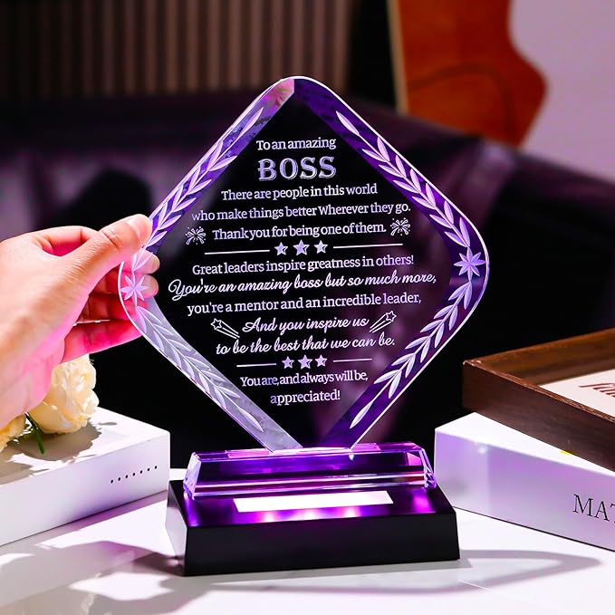 Movdyka Best Boss Gifts for Men Women Crystal Plaque Keepsakes with Colorful Light Base Great Boss Appreciation Thank You Farewell Retirement Gifts for Boss Day Birthday Office Decor