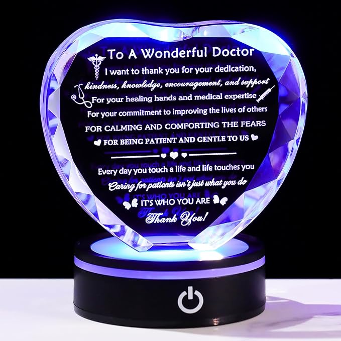 YWHL Doctor Appreciation Gifts for Women Men with Light Base, Crystal Heart Plaque Thank You Gift for Doctors Best Doctors Present Idea for Doctors' Day Retirement Birthday Christmas Table Decor