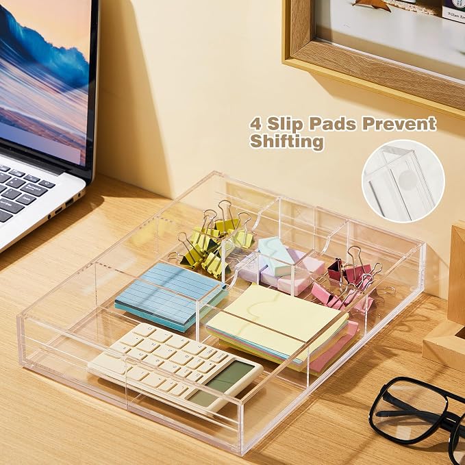 Briwooody 1 Pcs Acrylic Desk Drawer Organizer 9'' up to 18'' x 12'' x 2.1'' Expandable Drawer Organizer Trays with 8 Adjustable Compartments Clear Desk Accessories for Makeup Office Bathroom