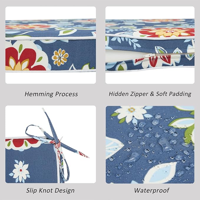 JMGBird Outdoor Chair Cushions Set of 2 - Waterproof Patio Seat Cushions 19x19 Inch with Ties, Blue Flower Floral Pattern High Density Foam Square Cushions for Garden Furniture