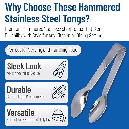 Carlisle FoodService Products Terra Tong Serving Utensil with Hammered Mirror Finish for Kitchens, Restaurants, Catering, Stainless Steel, 7 Inches, Silver, (Case of 12)