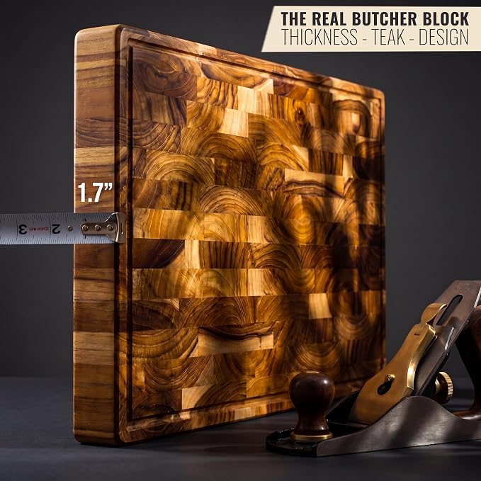 Teak Wood Cutting Board for Kitchen, End Grain Extra Thick Butcher Block | 20 x 12.2 Inch (ExtraThick 1.7") Professional Heavy Duty Hardwood Non Toxic Wooden Chopping Board (Oil & Plate Included)