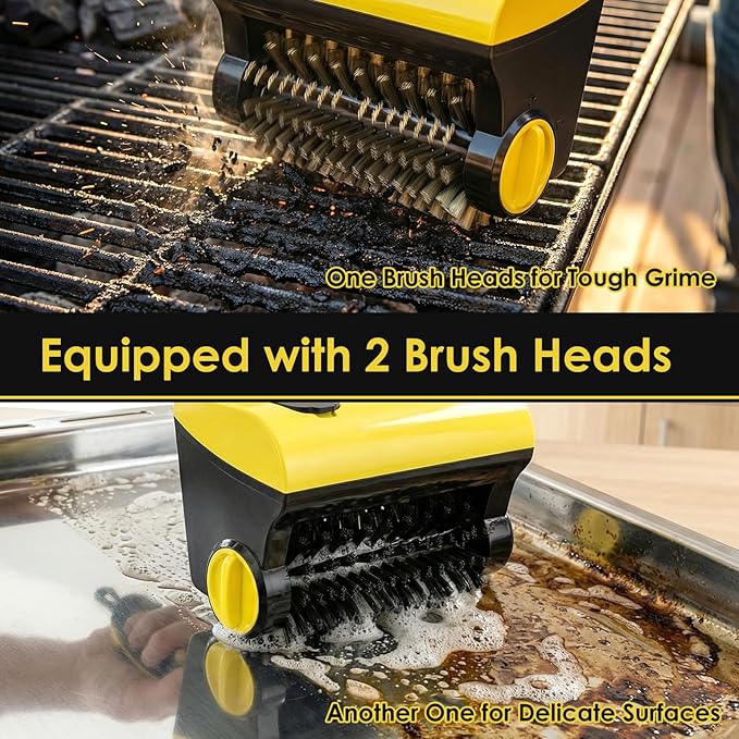 BBQ Grill Brush for Outdoor Grill, Electric Grill Cleaner with Water Tank Cordless Rechargeable BBQ Tool Spin Grill Cleaner Brush with 2 Removable Brush Head BBQ Grill Brush