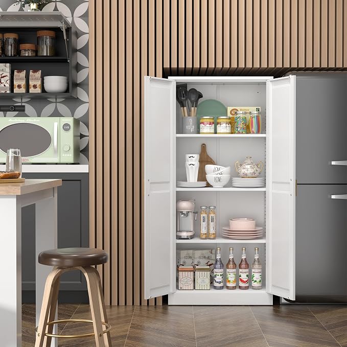 Steeloong 60"Metal Pantry Storage Cabinet with Doors & 3 Adjustable Shelves | Kitchen Pantry Cabinet,White Kitchen Cabinet with 2 Gold Handles,Tall Cabinet for Livingroom,Pantry, Bathroom,Kitchen
