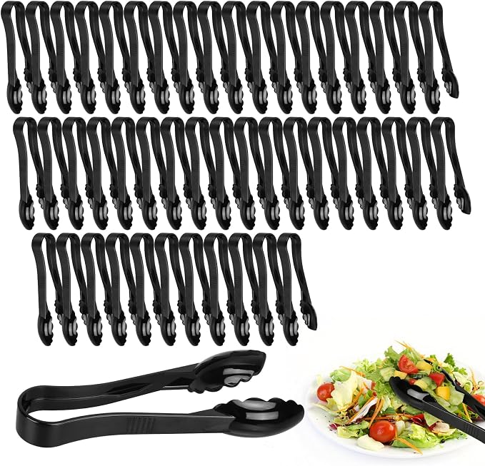 48 Pack Plastic Tongs for Serving, 9 Inch Heavy Duty Hard Plastic Serving Tongs with Scalloped Tips, Reusable or Disposable Serving Utensils for Buffets, BBQ, Bakery, Parties & Catering