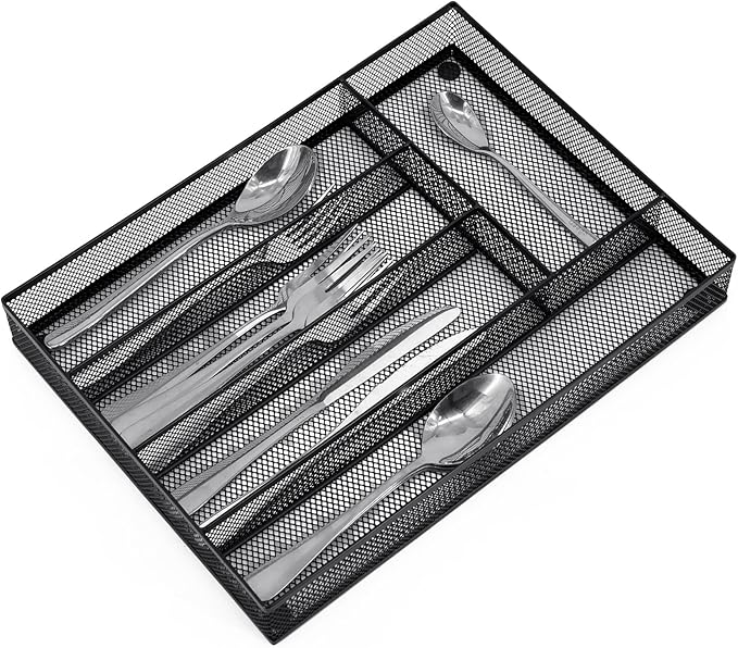 Neudeco Silverware Drawer Organizer, Black | 5 Compartment, Mesh Wire, Non-Slip Feet, Cutlery Tray