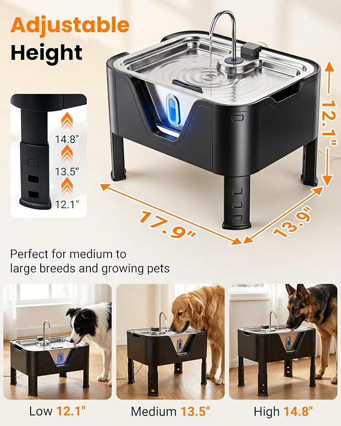 3.17Gal/ 12L Large Dog Water Fountain Elevated Dog Bowls with 3 Filters | 3-Height Adjustable Dog Water Bowl Dispenser, Quiet Stainless Steel Pet Water Fountain for Multi-Pet, Water Level Alert