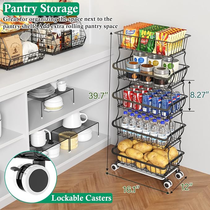 OKZEST 5 Tier Fruit Basket for Kitchen, Stackable Bins Wire Rack with Wheels, Fruit and Vegetable Storage Basket Pantry Food Snack Organizer Shelf, Kitchen Storage Cart for Onion and Potato, Produce