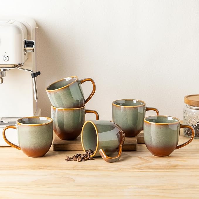 theterra Ceramic Coffee Mugs Set of 6, 12oz Handmade Coffee Cups with Handle for Latte, Tea, Milk, Beer, Hot Cocoa, Sage Umber