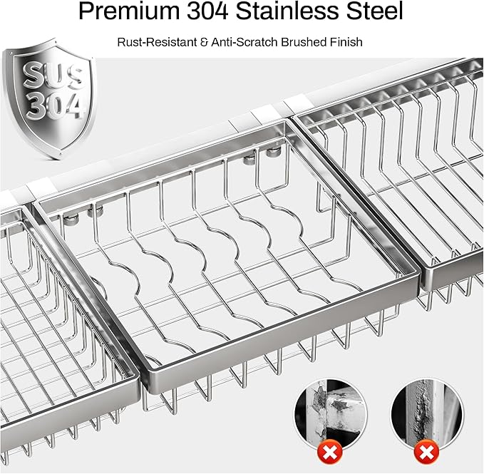 ADBIU Luxurious 304 Stainless Steel Over Sink Dish Drying Rack (Suitable for Sink Length 24.6"- 36.2") Snap-On Design 2 Tier Large Kitchen Dish Rack Stainless Steel Counter Organization and Storage