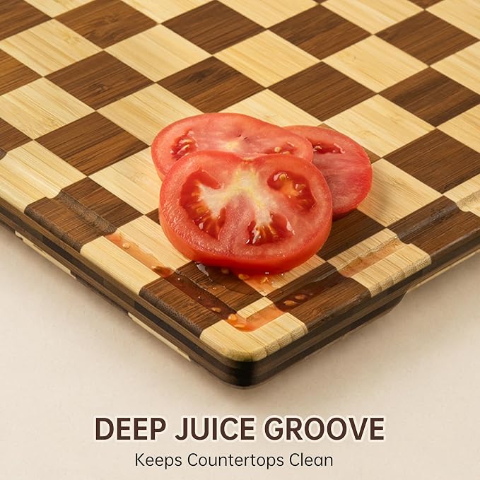 Checkered Cutting Board for Kitchen, Bamboo Wooden Cutting Board | Serving Tray with Juice Groove, Non Slip, Non-Toxic, Thick Large Chopping Board Gift , 16.5” x 11.6” x 0.8”