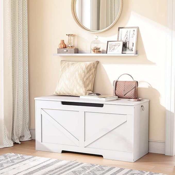 HOOBRO Storage Bench, 39.4” Retro Wooden Storage Chest with U-Shaped Cut-Out Pull, Safety Hinge, Supports 220 lb and Easy Assembly for Toy Box Organizer (White) WT771CW01G1