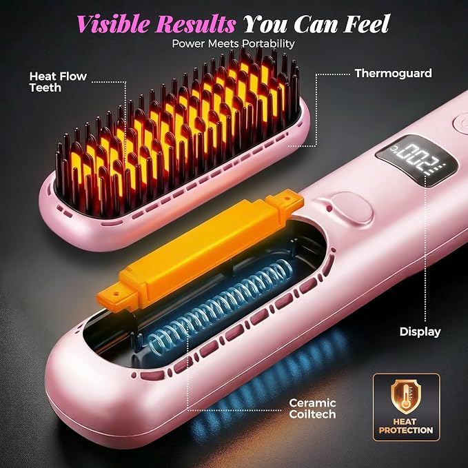 Go Brush Pro 2026, Cordless Hair Straightener Brush, Mini Hair Straightener with 3 Temperature Settings, Portable Hair Straightener Brush with MCH Heating and Ionic & Ceramic Care for Women (Pink)