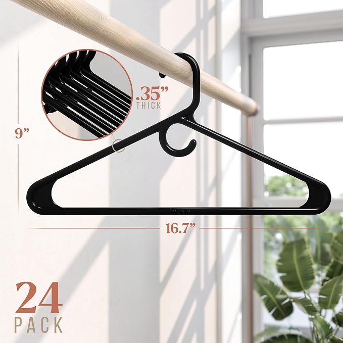 NEATERIZE Thick Heavy Duty Hangers - Black Plastic Clothes Hangers 24 Pack - Great for Coat Hanger, Jackets Jeans & Suit Hanger for Closet - New Apartment Essentials Percheros Ganchos para Colgar Ropa