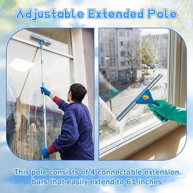 Window Cleaning Kit with 3 Gallon Bucket 14" Window Squeegee with 61" Long Handle 15" Microfiber Scrubber Glass Cleaner Set Tool for Home Outdoor Commercial Use
