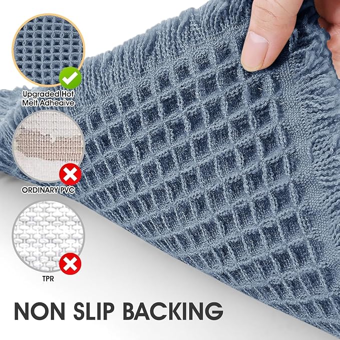IM HOME Waffle Bath Mat Set 3 Piece Blue,Woven Modern Bath Rug Mats, Absorbent Non Slip Bath Floor Mat, Soft Washable Boho Bath Rugs with Tassels for Bathroom, Bedroom, Kitchen, Tub