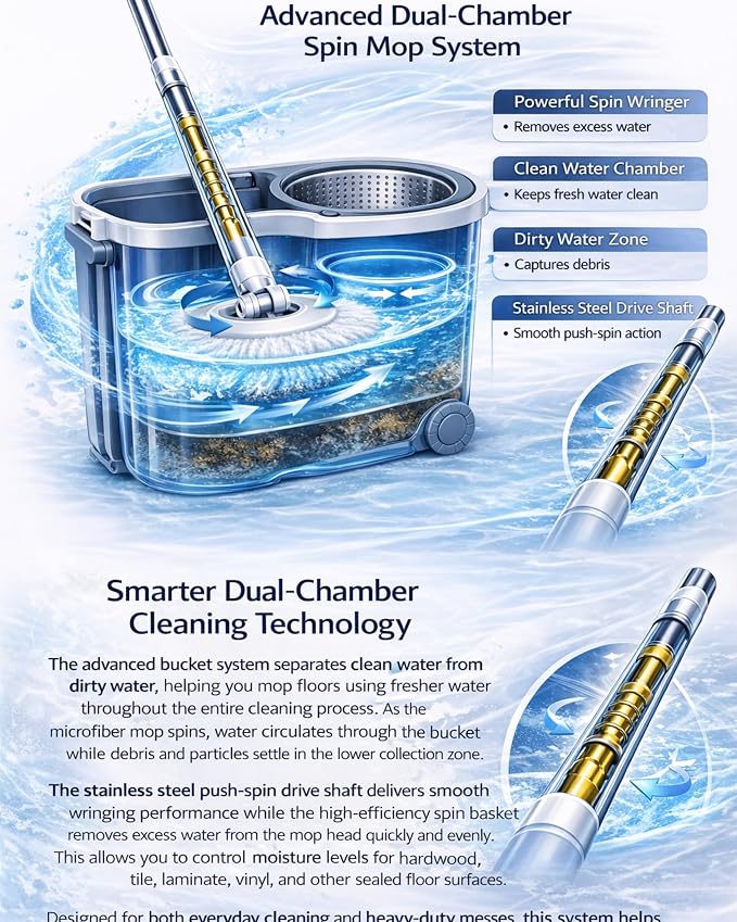 20L Spin Mop and Bucket System with Wringer, 3 Microfiber Mop Heads and 1 Heavy-Duty Scrub Brush, Stainless Steel Handle, Rolling Bucket with Drain Plug for Hardwood, Tile and Laminate Floors