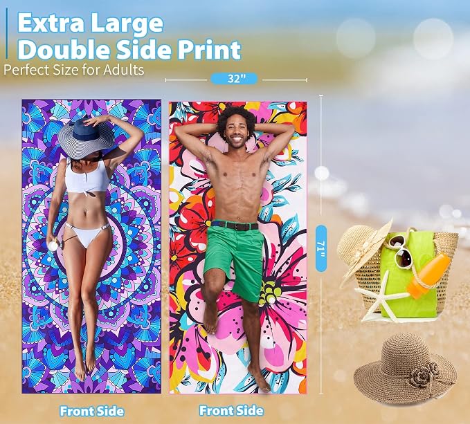 TwoYek Microfiber Beach Towel Extra Large 71x32 Mandala Floral 2 Pack | Thin & Lightweight, Sand Free, Super Absorbent & Quick Dry, Oversized Towels for Beach Bath Pool Swim Travel Essentials Gift