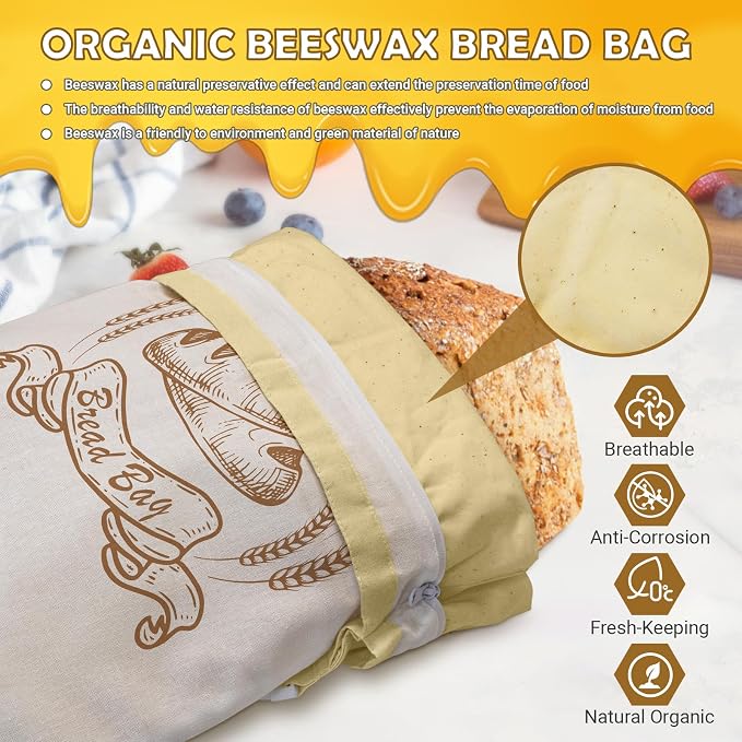 Large Linen Beeswax Bread Bags(2 Pack) Sourdough Bread Bags Reusable Double-Lock Freezer Baking Container Gift Giving for Homemade,Loaf,Sourdough,Food Storage (Artisan Bread Sketch Print, 2Pack)