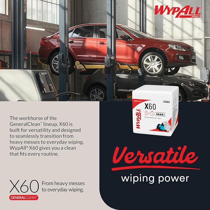 WypAll GeneralClean X60 Cloths Multi-Task Cleaning Wipes (34865), Quarterfold, Strong and Absorbent Towels, White (12 Packs of 76 Sheets, 912 Sheet Total)
