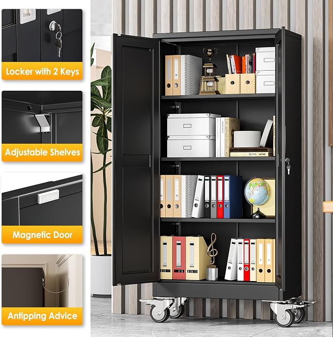 PAOFIN 61''H Metal Garage Storage Cabinet with Wheels,Steel File Cabinets with 2 Doors and 3 Adjustable Shelves for Home Office, Warehouse, Required Assembly,Black