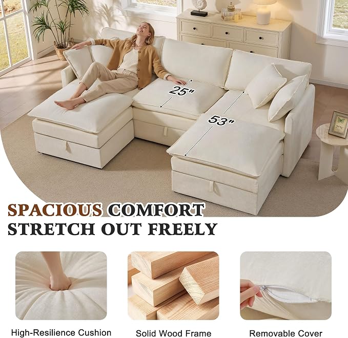 Ihanherry 103” Modular Sectional Sofa with Storage, U Shaped Cloud Couch with Movable Ottomans & 4 Pillows, Chenille Deep Seat Sectional Couches for Living Room, Apartment (Beige)