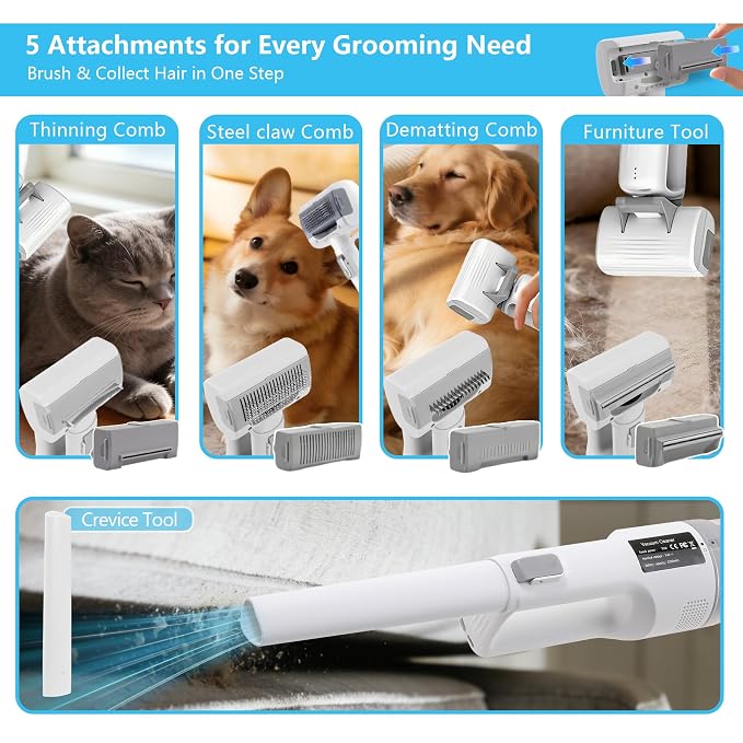 Deshedding Brush with Vacuum Suction, 5-in-1 Pet Hair Removal Tool for Dogs Cats, Cordless Undercoat Rake Removes Loose Hair, 9Kpa Pet Vacuum Cleaner for Furniture Carpet