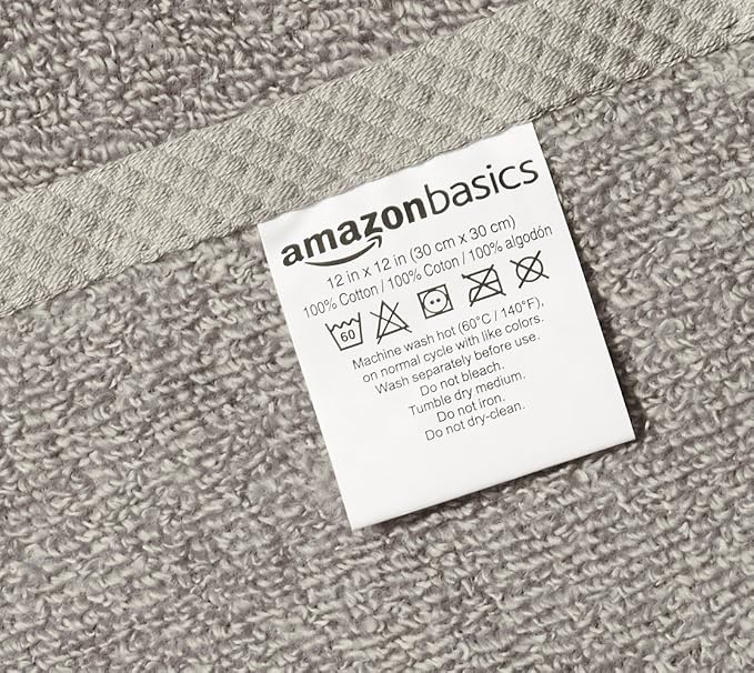 Amazon Basics 100% Cotton Washcloths, Quick-Dry, 12" x 12", Platinum, 12-Pack