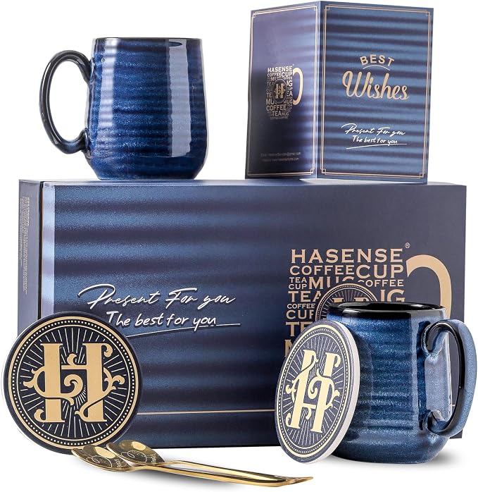 HASENSE Ceramic Coffee Mugs Gift Set for Men, Women, Blue Reactive Glazes | 15oz Coffee Cups with Handles, Vintage Luxury Birthday Gift Ideas for Dad, Mom, Friends, Coworkers, Wife, Couples, 2 Pack