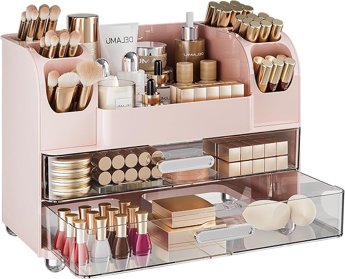 Delamu Large Makeup Organizer Countertop with 6 Brush Holders, Makeup Organizers for Vanity with 2 Large Drawers, Easy to Store Skincare, Lipsticks, Nail Polishes, Perfumes, Eyeshadow Palettes, Pink