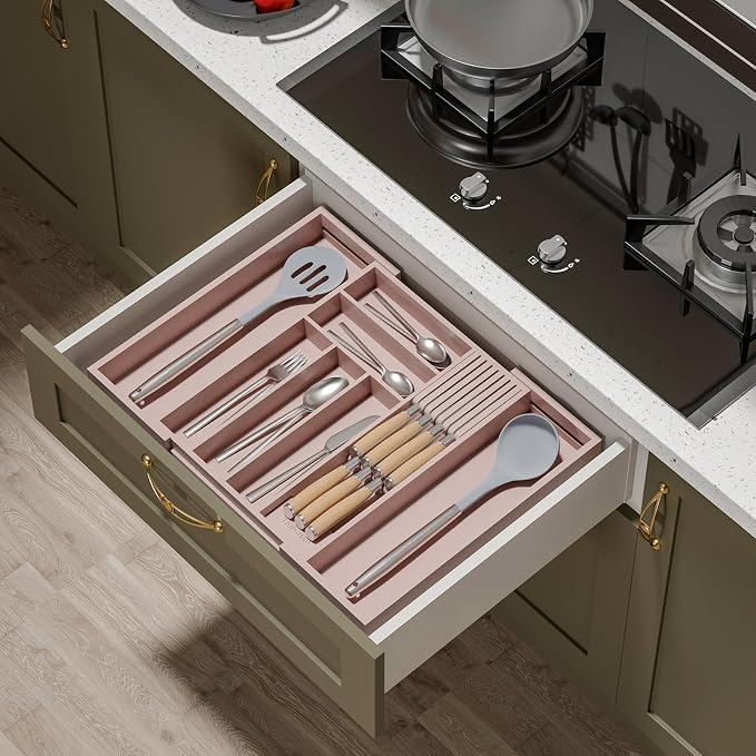 TIOPGHAD Bamboo-Silverware-Drawer-Organizer-Kitchen, Expandable Utensil Holder Cutlery Tray Flatware Organization Adjustable Wood Tableware Dividers Storage (with Removable Knife Block)(Grey Pink)