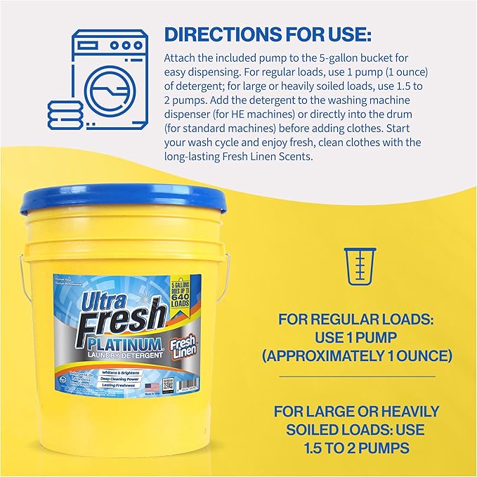 Ultra Fresh Platinum Liquid Laundry Detergent Washing Soap for All Machine Types, Up to 640 Loads, 5 Gal, Fresh Linen - Household Cleaning Supplies and Accessories for Clothing and Fabric Items