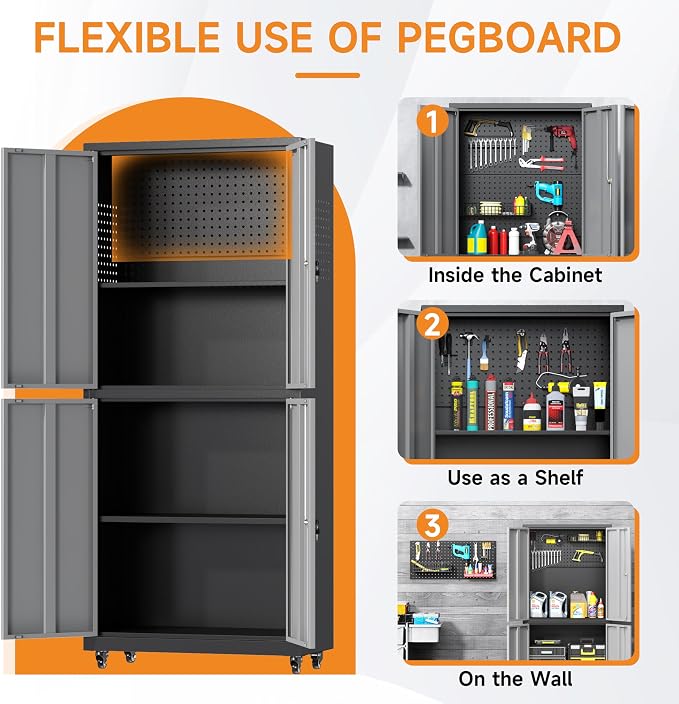 71" H Metal Tool Storage Cabinet with Lock and Wheels, Heavy Duty Garage Cabinet with 4 Doors and 2 Adjustable Shelves, Tool Organizer with Pegboard for Garage, Warehouse (Black&Gray, 71" H)