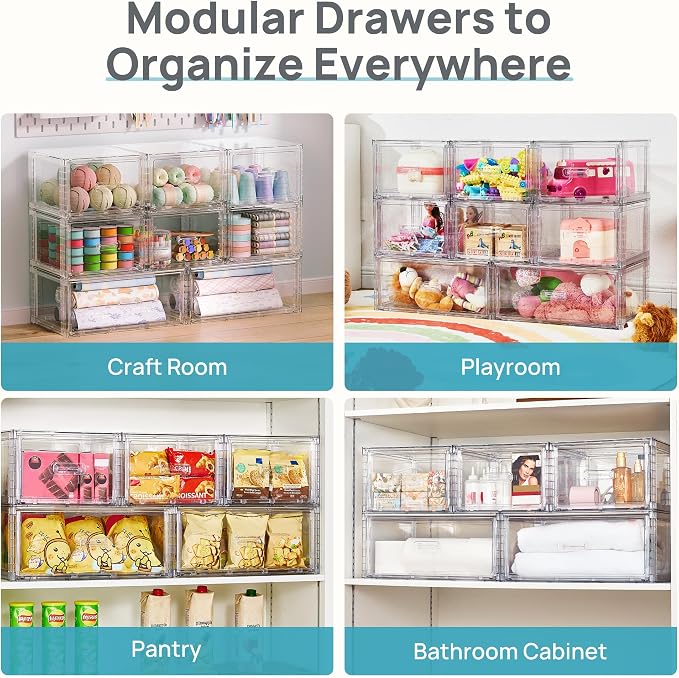 Vtopmart 6 Pack Clear Stackable Storage Bins 15QT, Easily Assemble Bathroom Organizers,Plastic Storage Bins for Kitchen Pantry,Under Sink Organization(Medium)