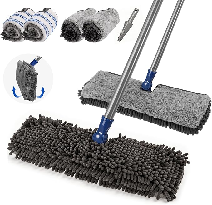Masthome Microfiber Flat Mop, 16" Wide Floor Mop with 4 Reusable Pads & Hair Scraper, 360° Swivel Dual Sided Flip Mops, Wet Dry Dust Mop for Hardwood, Laminate, Tile, Pet Hai