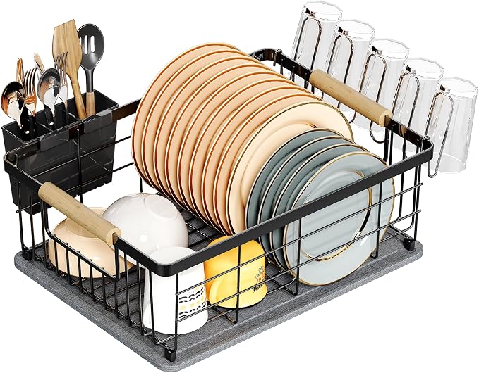 Dish Drying Rack Black with Diatomaceous Earth No Installation Required | Space Saving with Cutlery Cups Holder