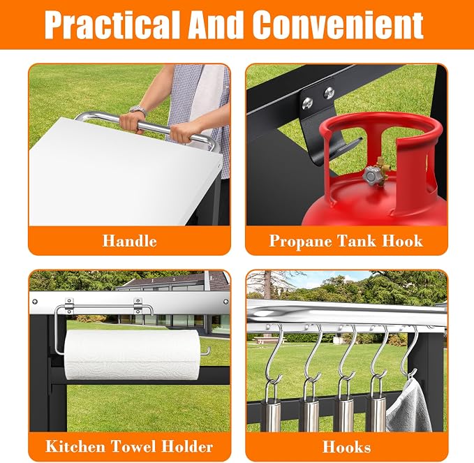 Grill Table, Movable Dining Cart, Pizza Oven Table Stand, Double-Shelf Grill Stand, Food Prep and Work Cart with Wheels, Hooks, Fits for Blackstone Ninja