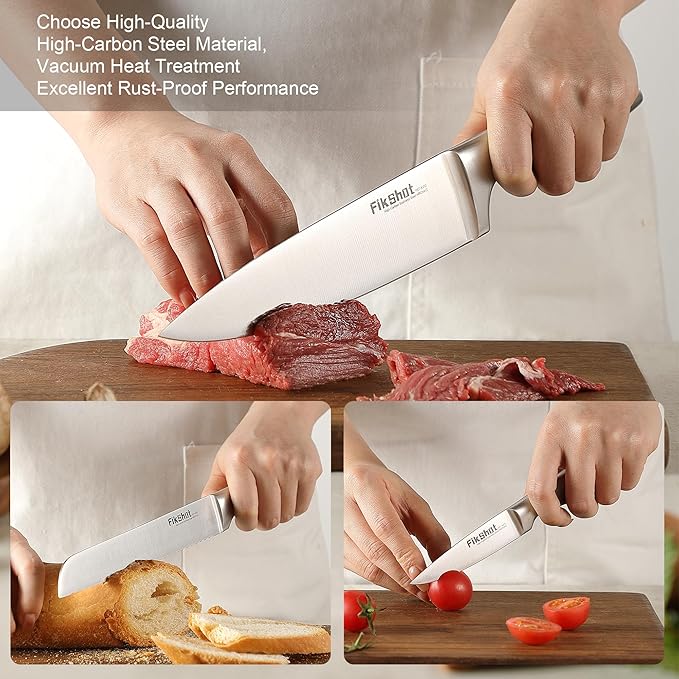 FIKSHOT 14 Pieces Knife Block Set German Stainless Steel with Sharpener | Razor-Sharp Santoku Knives, Fruit & Kitchen Knives, Rust Resistant for Homecooks, BBQ Prep (Silver + Walnut)