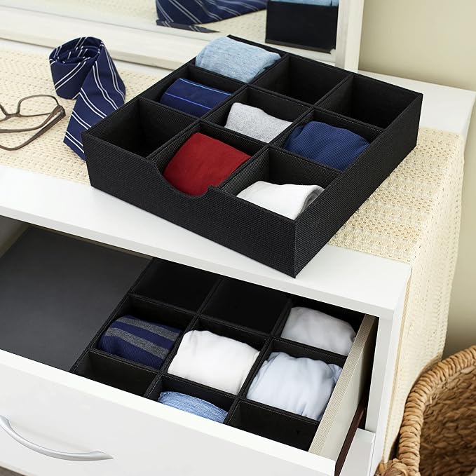 Household Essentials Drawer Organizer Tray with Fabric Cover and 9 Square Compartments, Black, Set of 2