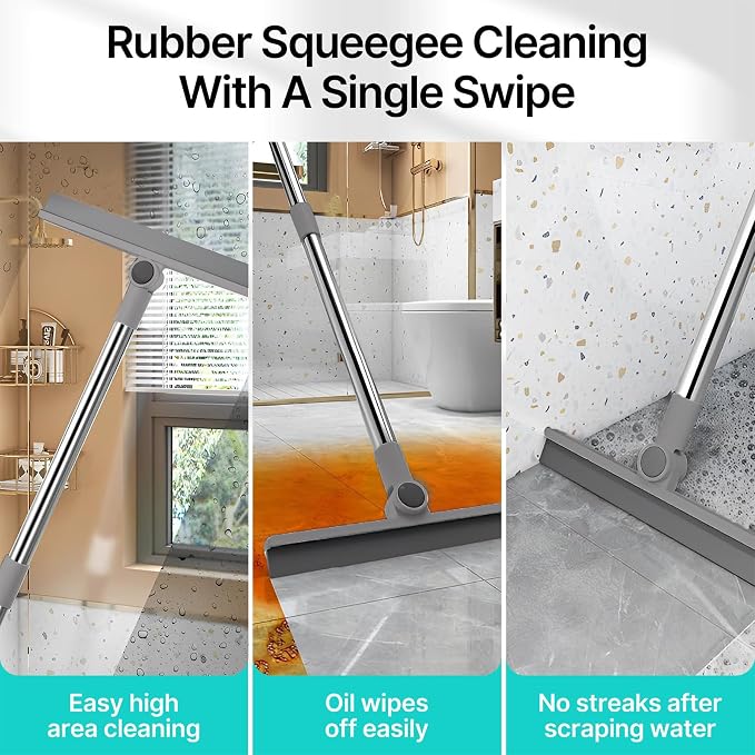4 in 1 Multifunctional Broom and Dustpan Combo Set with 44" Long Handle, Squeegee and Cleaning Brush,for Clean Home Kitchen Bathroom Office,Indoor Outdoor,Pet Hair,Bathtub and Glass(Grey)